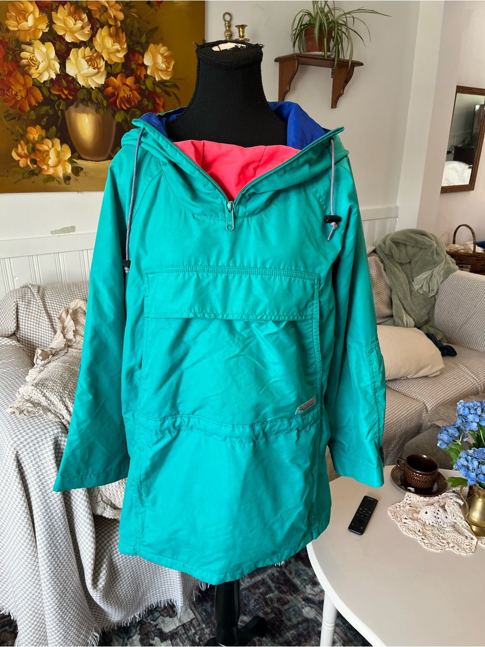 Men’s Vintage Columbia Teal Pullover Jacket Anorak with Pink Liner M